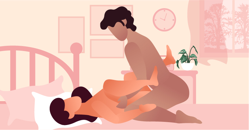 A couple doing the "Reclined Butterfly" sex position. 